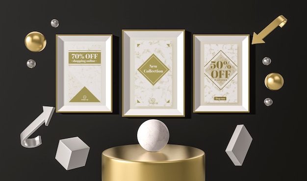 PSD arrangement of white sale frames and 3d geometrical shapes