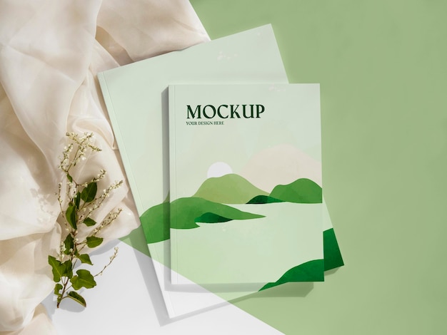 arrangement with magazine and leaves flat lay