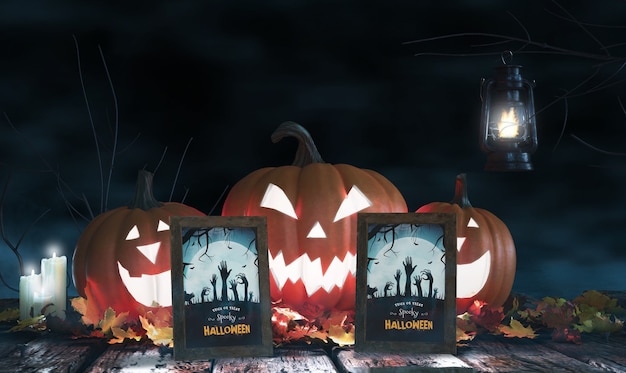 PSD arrangement with scary pumpkins and framed horror posters