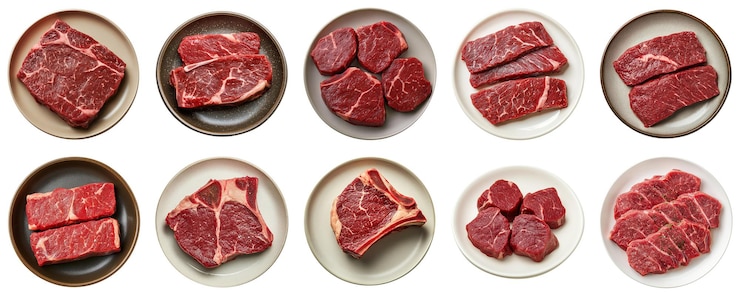 PSD プレート に 展示 さ れ て いる 生牛肉 の 切断 の 配列