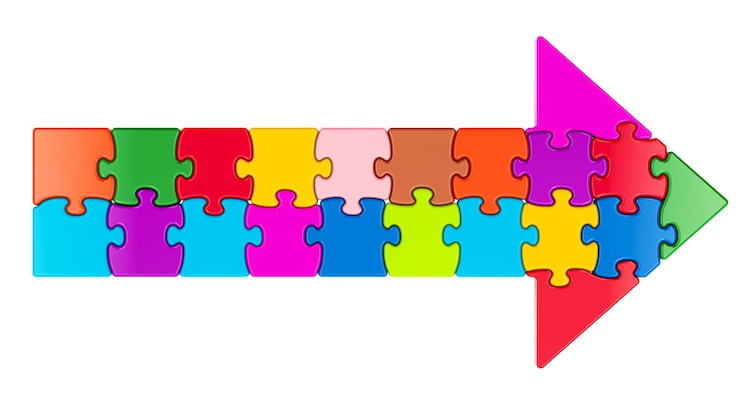 PSD arrow from colored puzzle pieces 3d rendering isolated on transparent background
