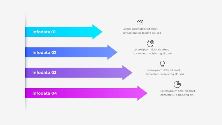PSD arrows infographic showcasing data points with icons for business analysis and presentations