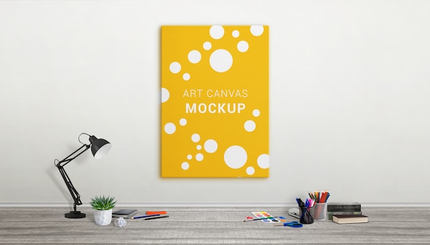 Art canvas mockup op de muur. gallery workshop concept met kunstenaar borstels en kleuren op de vloer