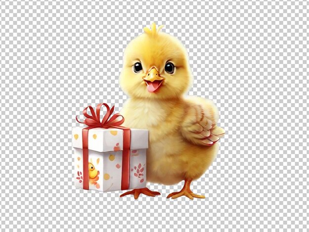 PSD arte di un personaggio di un pulcino bambino di pollo che tiene scatola regalo