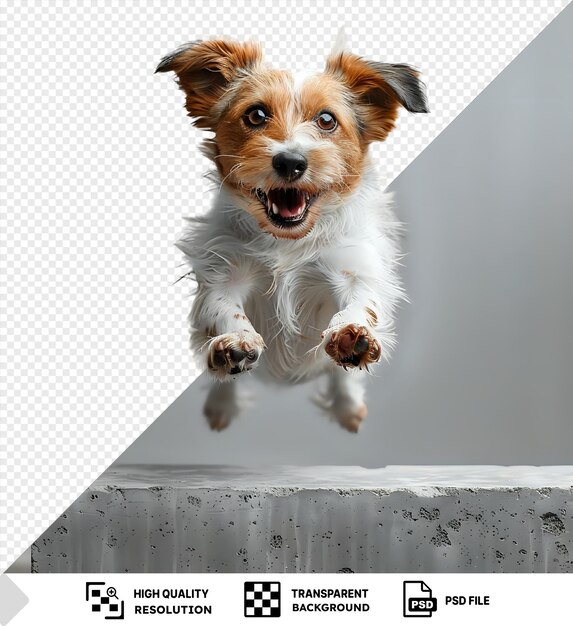 PSD art collage made of one funny dog jumping concept of motion action pets love animal life look happy delighted copyspace for ad flyer png psd