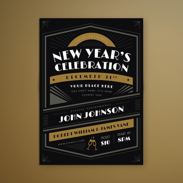 PSD art deco black gold new year event party flyer