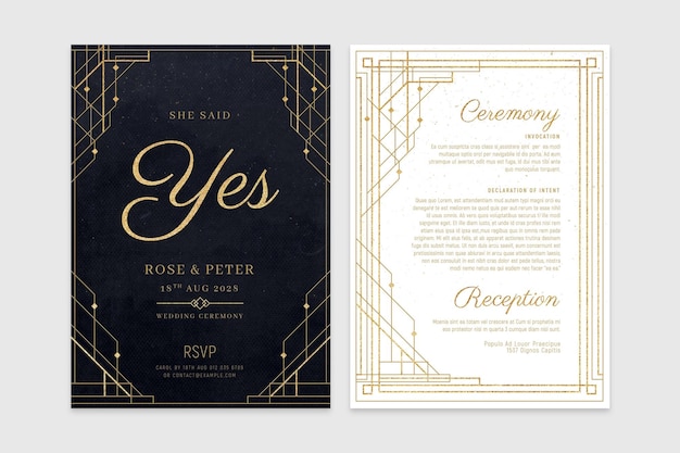 Art deco wedding invitation luxury black gold templates in psd