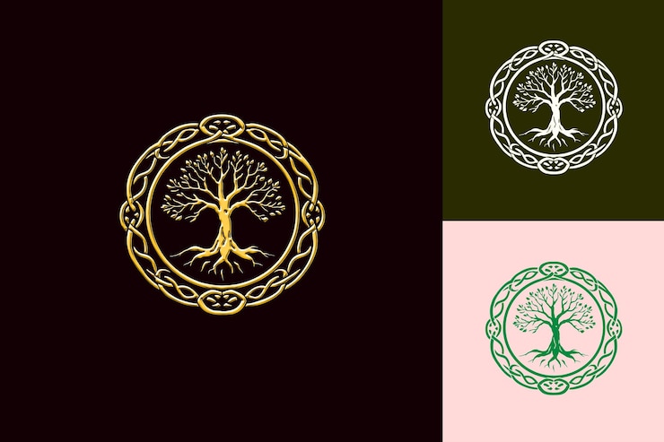 PSD art design of celtic inspired with triple spiral border central image shows a tree rooted deeply