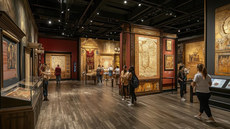 PSD art gallery featuring historical paintings and visitors