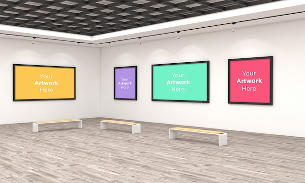 Art Gallery Frames Muckup 3D-illustratie en 3D-rendering hoekweergave