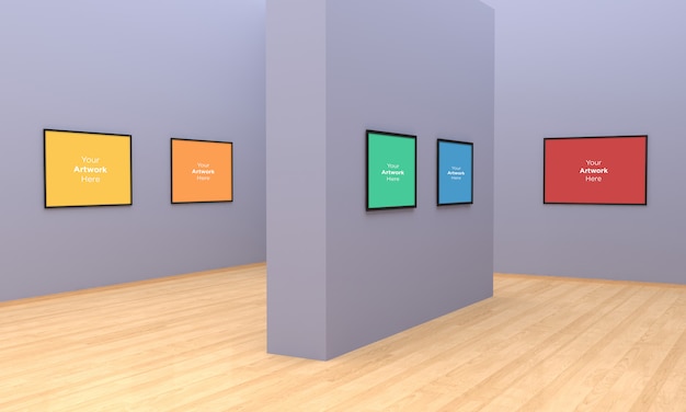 art gallery frames muckup 3d illustration and 3d rendering with different wall