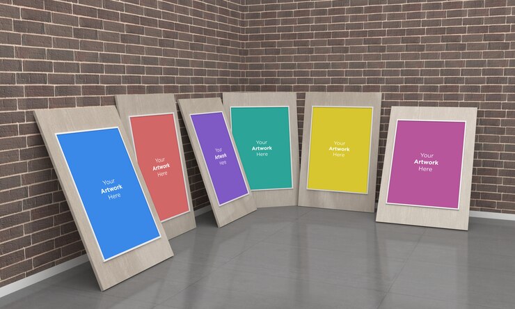 Art Gallery Frames Muckup 3D Illustration on floor
