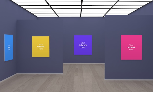 art gallery frames muckup 3d illustration with grey wall