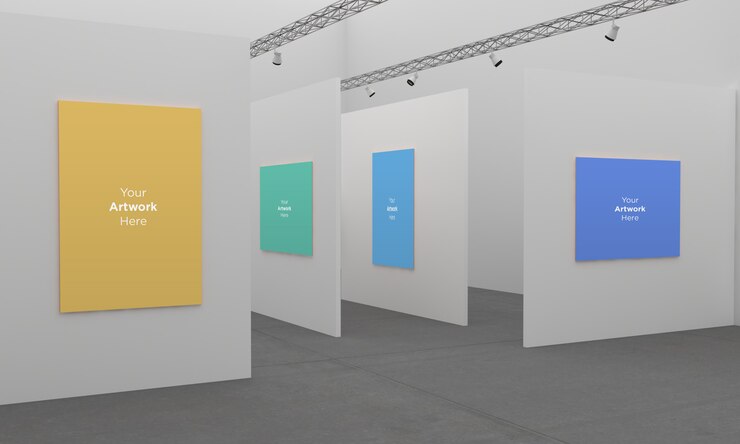 PSD art gallery frames muckup with spot lights 3d illustration with different wall
