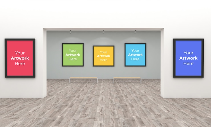 PSD art gallery frames muckup z oświetleniem punktowym ilustracja 3d i renderowanie 3d