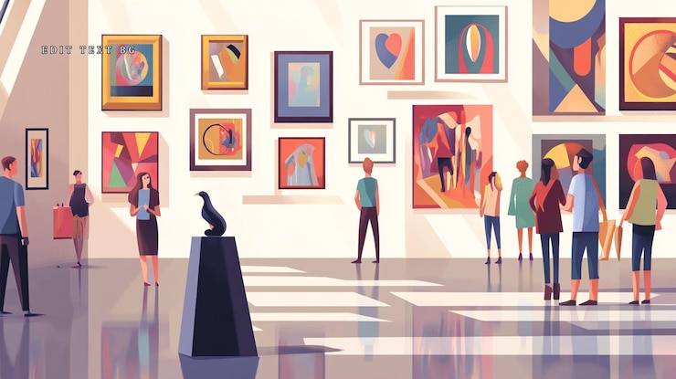 PSD art gallery interior with diverse people viewing modern abstract paintings and sculptures