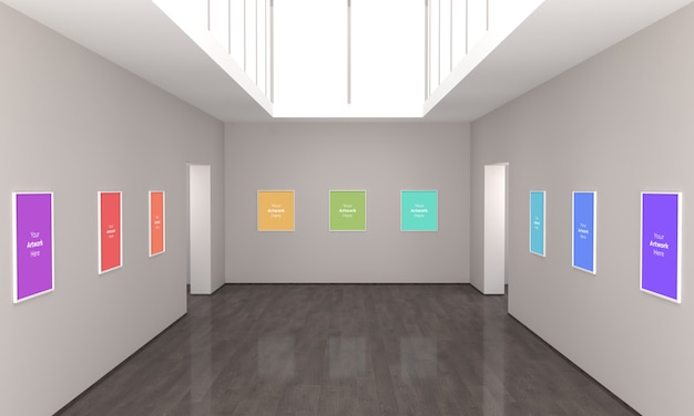 Art gallery multi frames muckup 3d illustrazione e rendering 3d