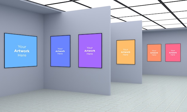 PSD アートギャラリーマルチフレームmuckup 3dイラストレーションと3dレンダリング