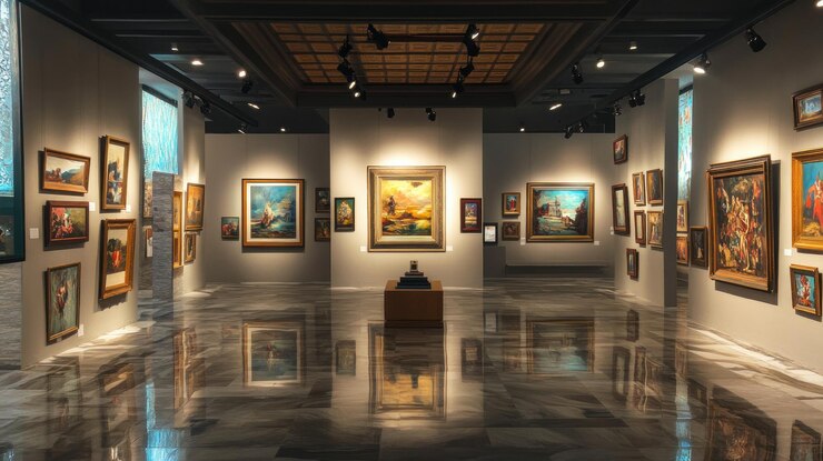 PSD art gallery showcasing various framed paintings