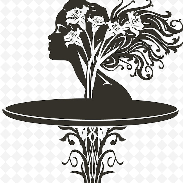PSD art nouveau ispirato contorno di tavolo laterale con silhouette femminile illustrazione collezione di motivi di decorazione