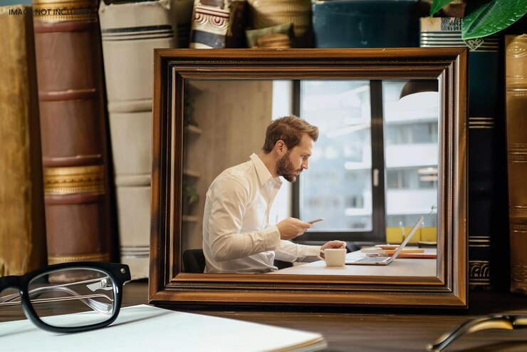 PSD art street wood table photo frame mockup on the wall with a nice background