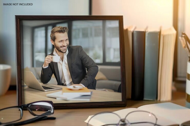 PSD art street wood table photo frame mockup on the wall with a nice background