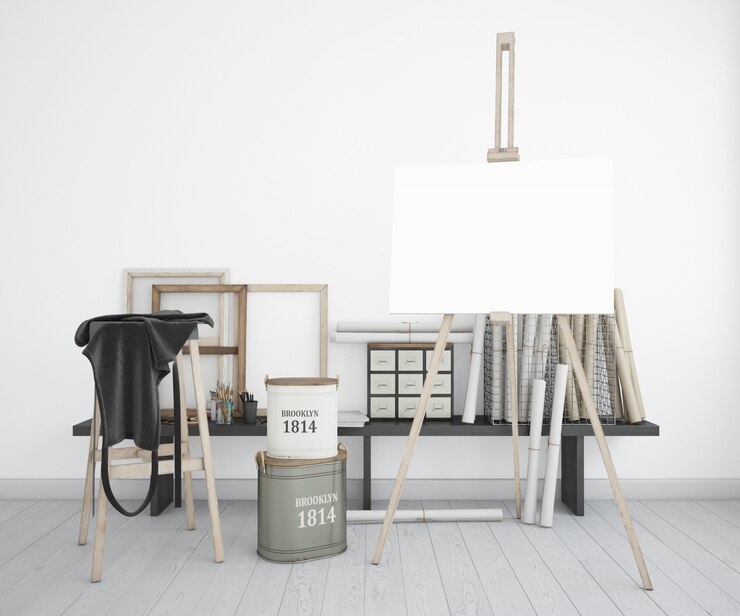PSD art studio with canvas, apron and paint bottles