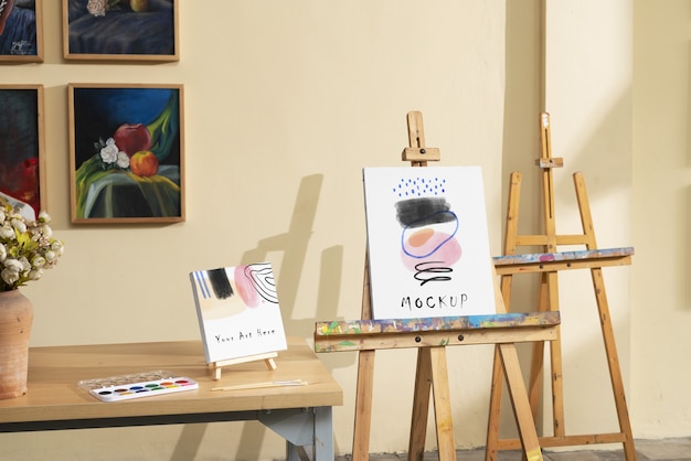 PSD art studio with easel mockup design