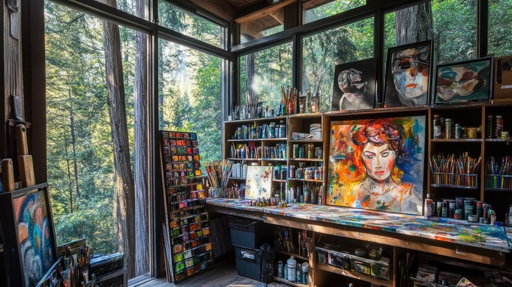 PSD art studio with vibrant paintings and natural light