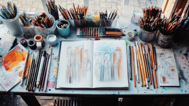 PSD art supplies and sketches on a creative workspace