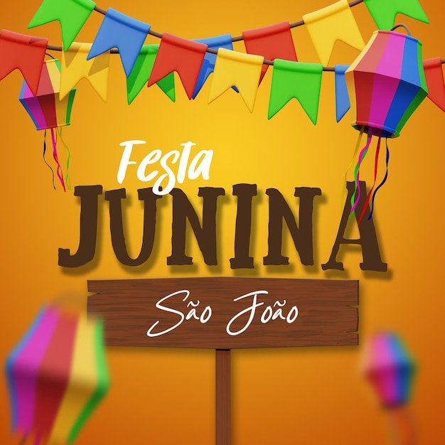 arte festa junina социальные сети com bandeira balao de papel e placa de madeira composicao arte 3d