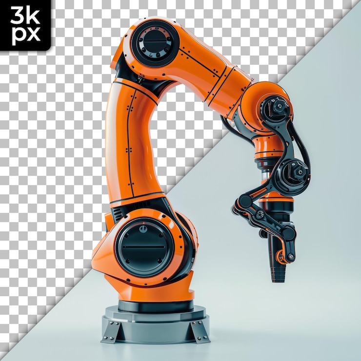 PSD articulated robotic arm in orange and black on transparent background