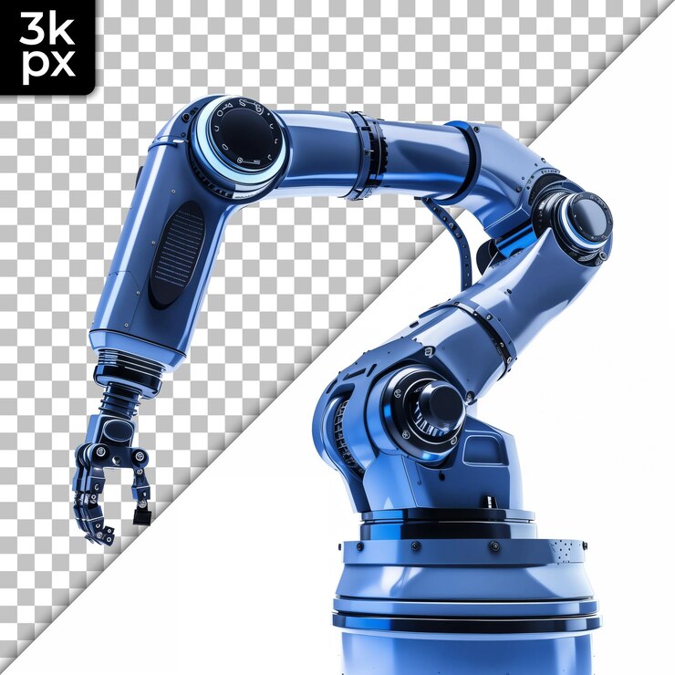 PSD articulated robotic arm on transparent background