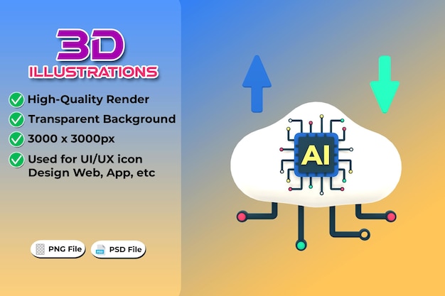 Concetto di cloud computing di intelligenza artificiale rendering 3d isolato su sfondo trasparente progettazione di icone ui ux tendenza web e app