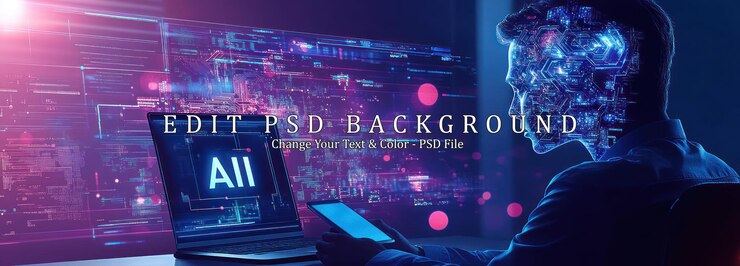 PSD artificial intelligence concept man with ai circuitry in his head using laptop and phone