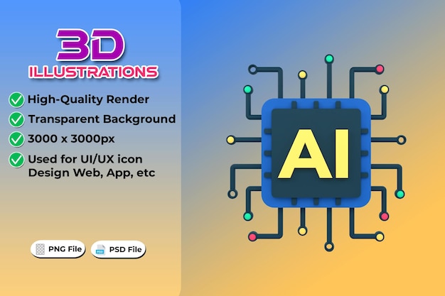 Artificial intelligence modern computing concept 3D rendering isolated on transparent background Ui UX icon design web and app trend