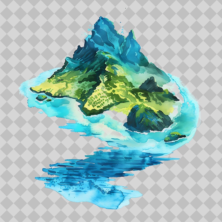 PSD 人工島在 siluet 中的五角形風景 di png 水彩藝術設計