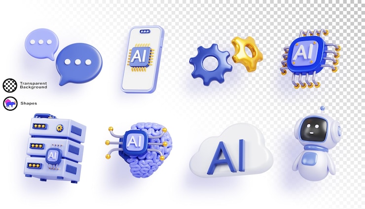 PSD artificiële intelligentie 3d rendering icoon set chatbot robot ai chip hersenen data server cloud mobiele telefoon spraak bubble gears innovatie technologie wetenschap en bedrijfsconcept