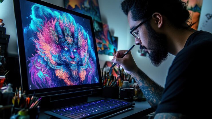 PSD artist creating vibrant digital artwork on a computer