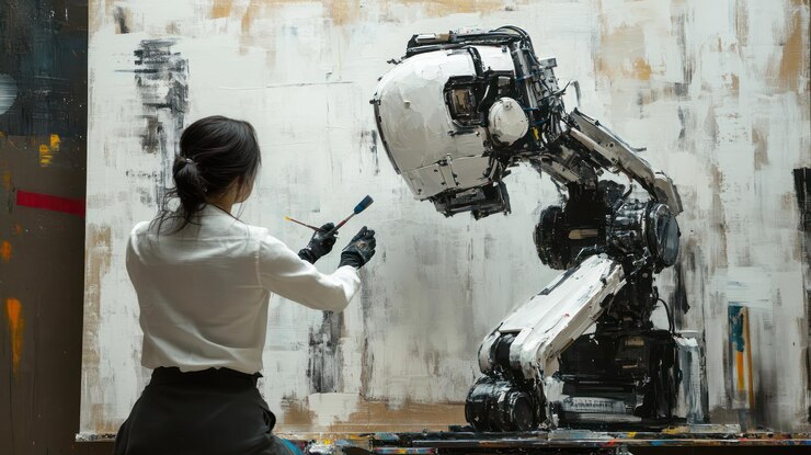 PSD artist painting a robot a futuristic masterpiece in progress