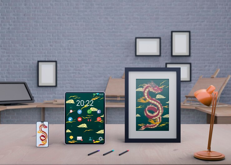 PSD artistic draws on frame on table