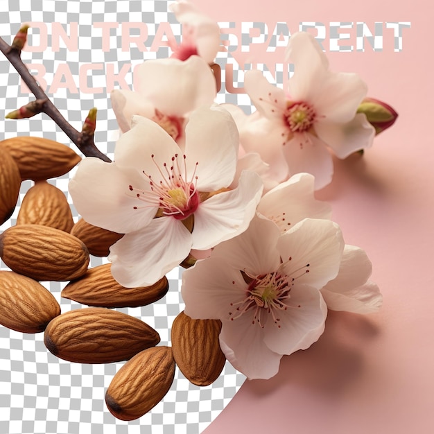 Artistic painting of flowers and almonds on a transparent