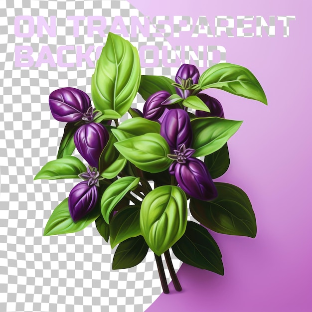 PSD Художественная картина из пурпурных цветов и зеленых листьев на прозрачном фоне