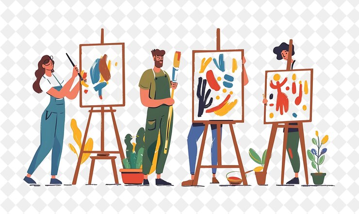 PSD artistische schilder met personages schilderen en kunst creëren d png mensen in dagelijks werk illustratie