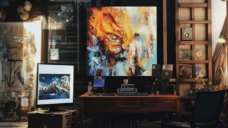 PSD artists studio with vibrant paintings and digital workspace