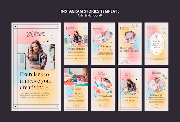 PSD collezione di storie di instagram di arti e mestieri per bambini con colori sfumati