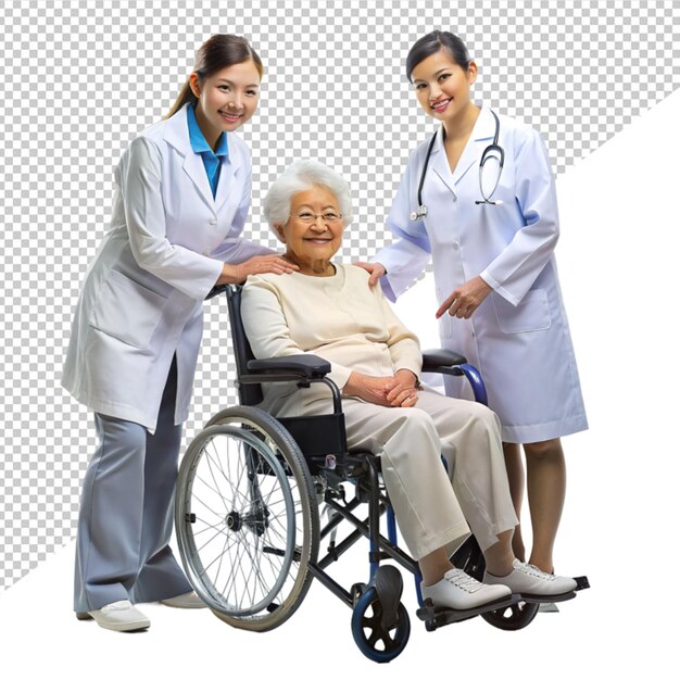 Arts en verpleegster behandelen een oude dame op een doorzichtige achtergrond