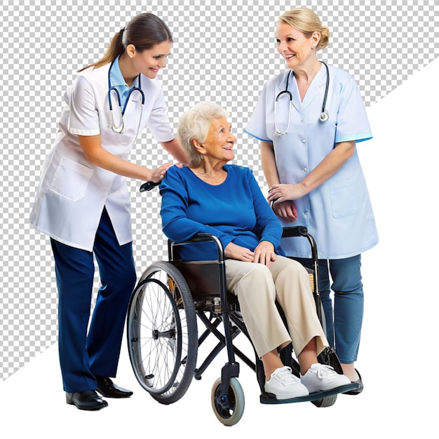 PSD arts en verpleegster behandelen een oude dame op een doorzichtige achtergrond