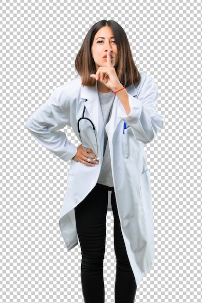 Artsenvrouw met stethoscoop die een teken van het sluiten van mond en stiltegebaar tonen