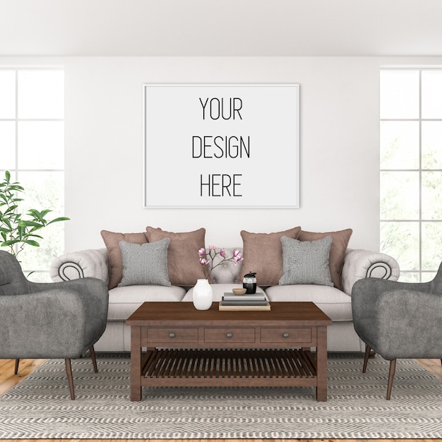 artwork mockup, living room with horizontal frame, scandinavian interior